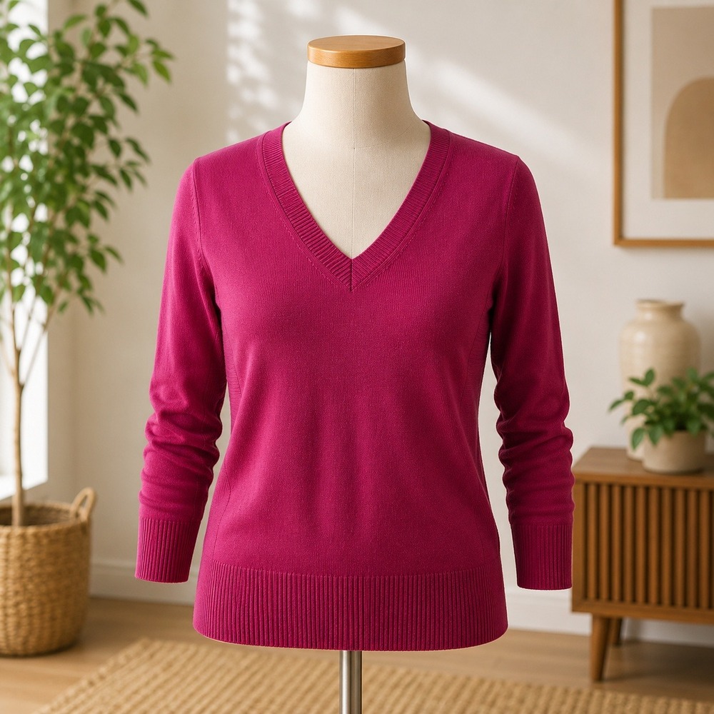 Attention V-Neck Sweater Womens Large L Burgundy 3/4 Sleeve Ribbed Knit Top
